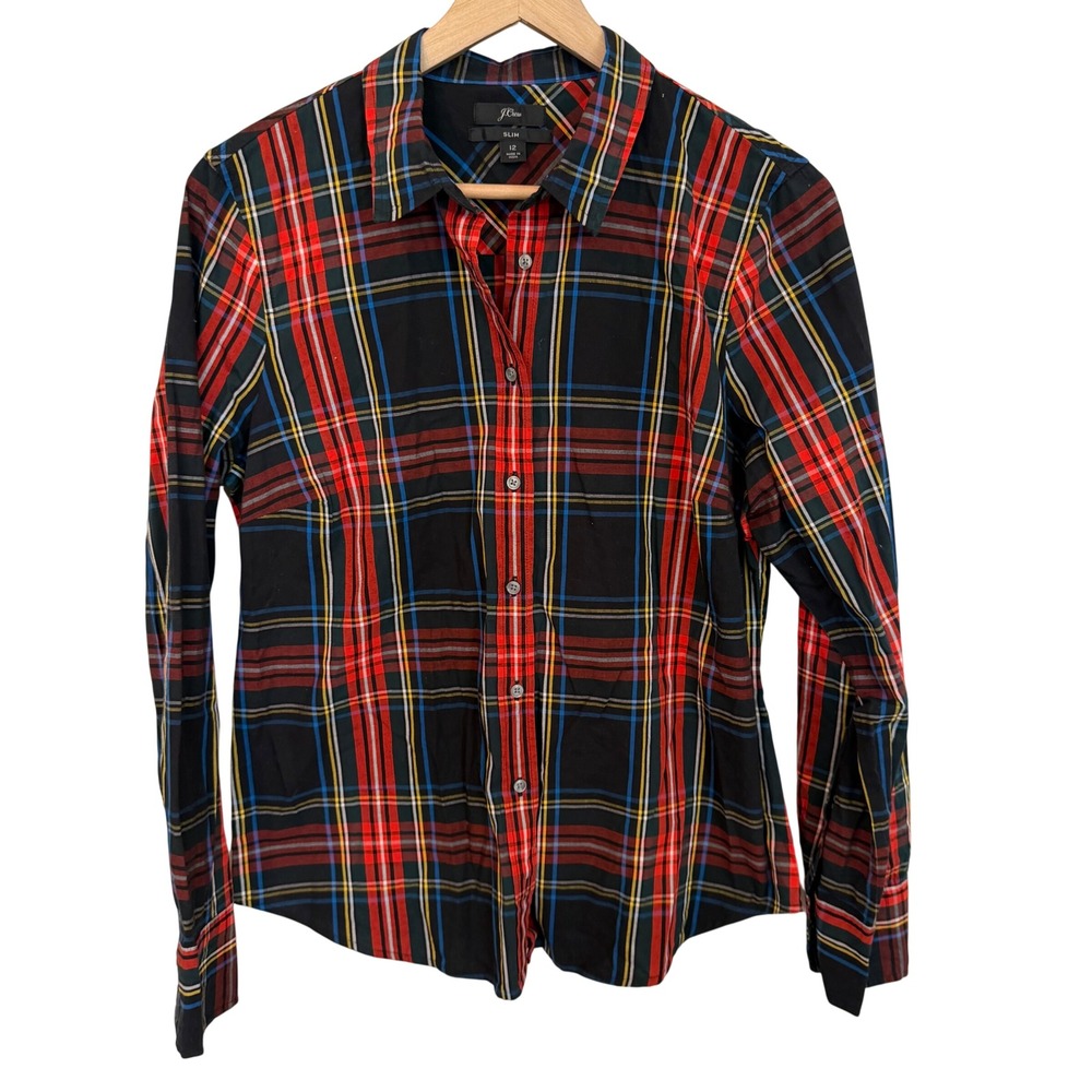 J.Crew Slim Plaid Button Down Shirt 12 Black Red Blue Tartan Stretch Cotton